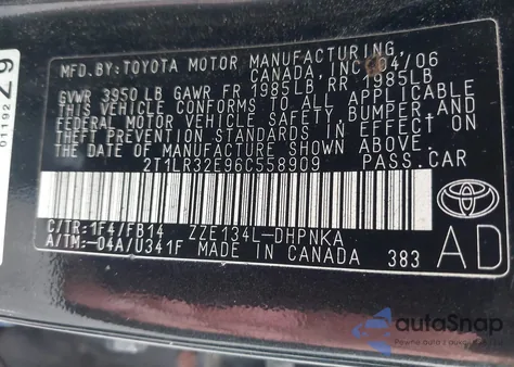 2006 Toyota Matrix Xr from USA, damaged, VIN 2T1LR32E96C558909